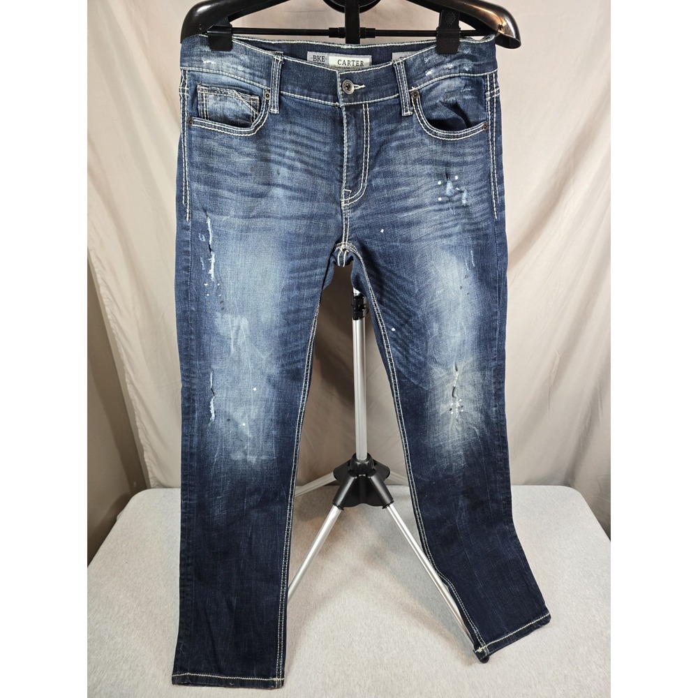 BKE Denim Carter Jeans Men 34x34 Straight Distressed Blue Light Wash Stretch 36L